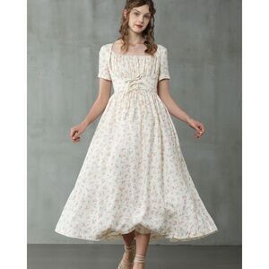 Linennaive Elizabeth Linen Summer Floral Smocked Square Neck Tie Front Dress XL